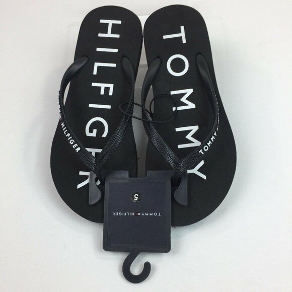 Tommy Hilfiger Womens Black Flip Flops Beach Sandals With Logo Strap Size 5 - Picture 3 of 6